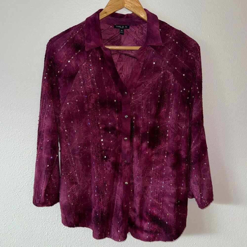 Sami & Jo Burgundy Sequin 3/4 Sleeve Bohemian Button Down‎ Size PM